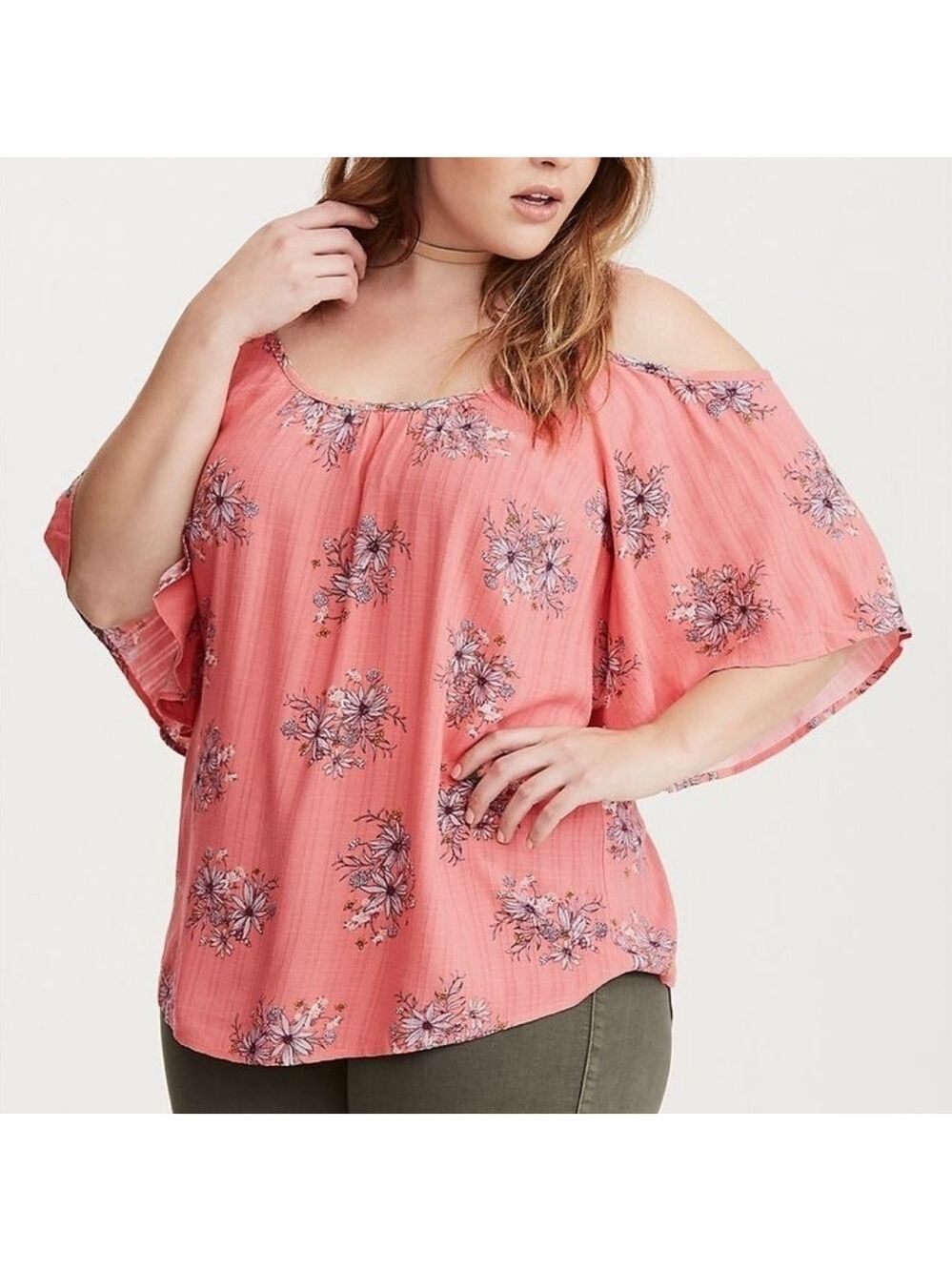 0X • Torrid • Coral Floral Cold-Shoulder Blouse